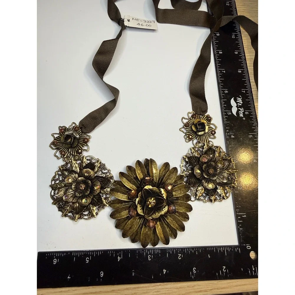 Cara New York Antique Brass Tone Floral Crystal Ribbon Tie Statement Necklace
